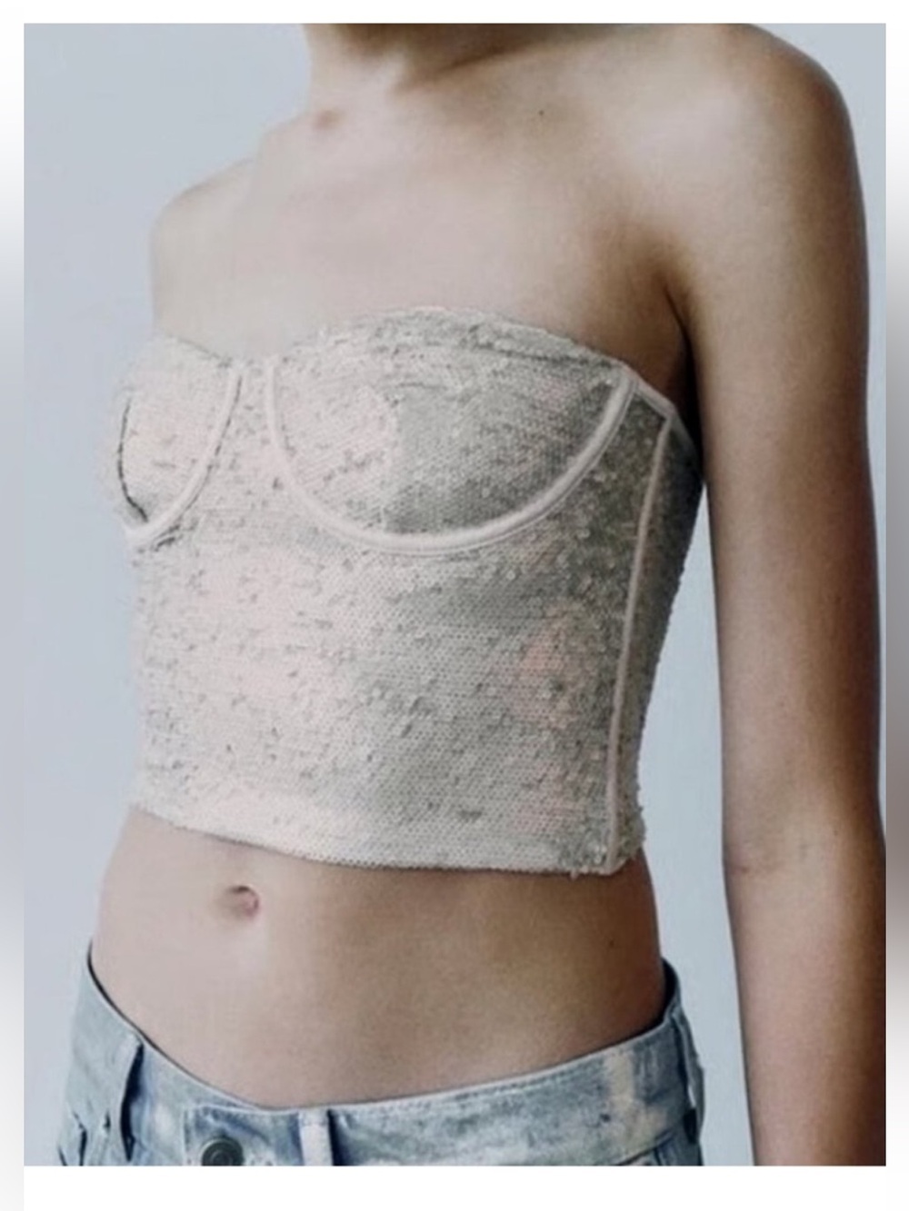 ZARA Sequin Corset Bustier Top Neutral Champagne NWT